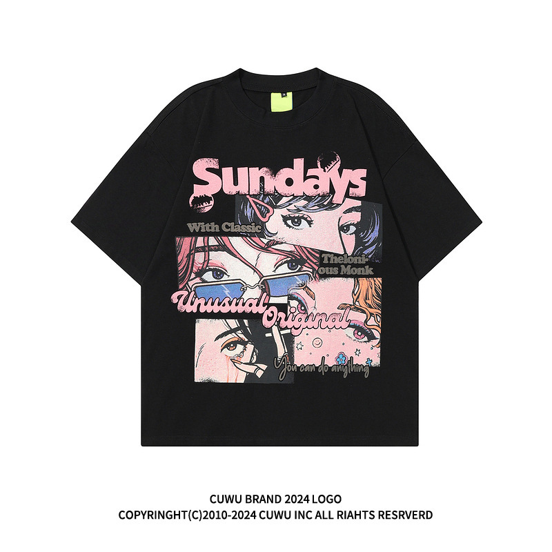 Japanese Style Retro Anime Print Black Short-Sleeved T-Shirt for Women 2024 Summer New Loose Top Japanese Style Retro Anime Print Black Short-Sleeved T-Shirt for Women 2024 Summer New Loose Top