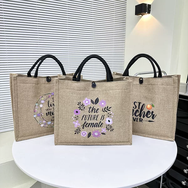 Office worker ins portable linen bag shopping bag new large capacity lunch bag female artistic pattern linen handbag