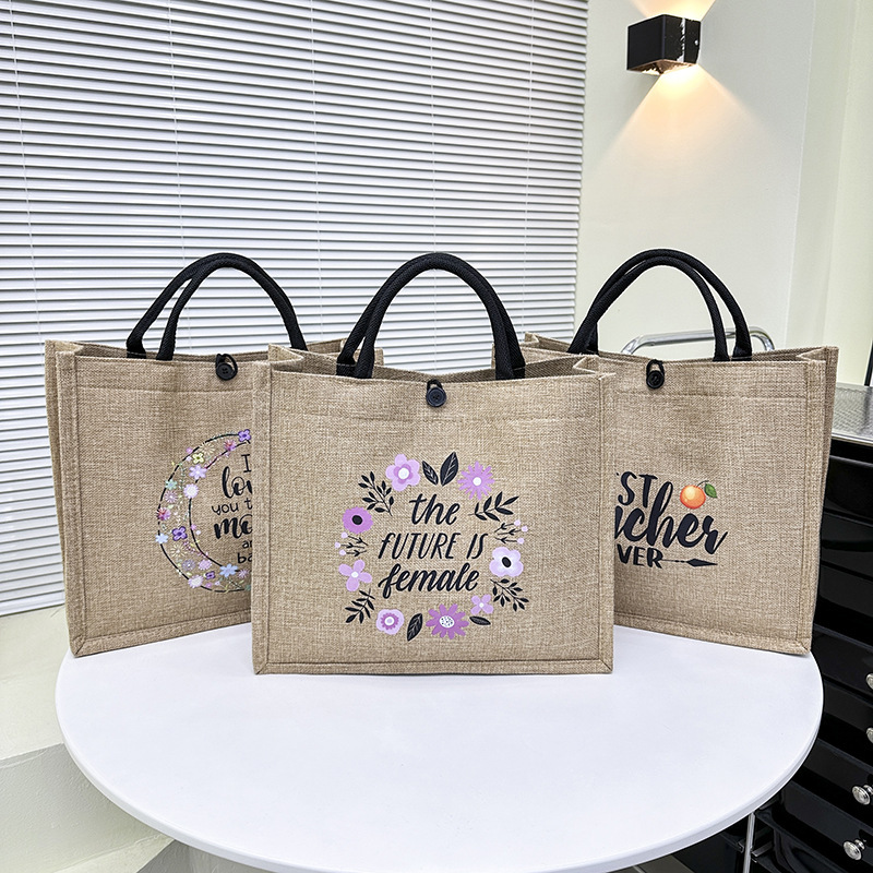 Office worker ins portable linen bag shopping bag new large capacity lunch bag female artistic pattern linen handbag
