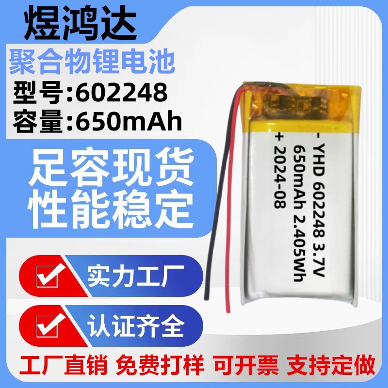602248聚合物锂电池 650mAh美颈仪美容器发热抱枕钓鱼灯3.7V电池