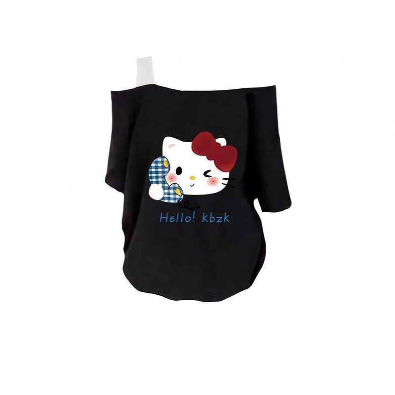 Sweet and Cool Hello Kitty Strap Off-Shoulder T-Shirt for Women Summer Dopamine Loose Fake Two-Piece Short Sleeve Top Sweet and Cool Hello Kitty Strap Off-Shoulder T-Shirt for Women Summer Dopamine Loose Fake Two-Piece Short Sleeve Top