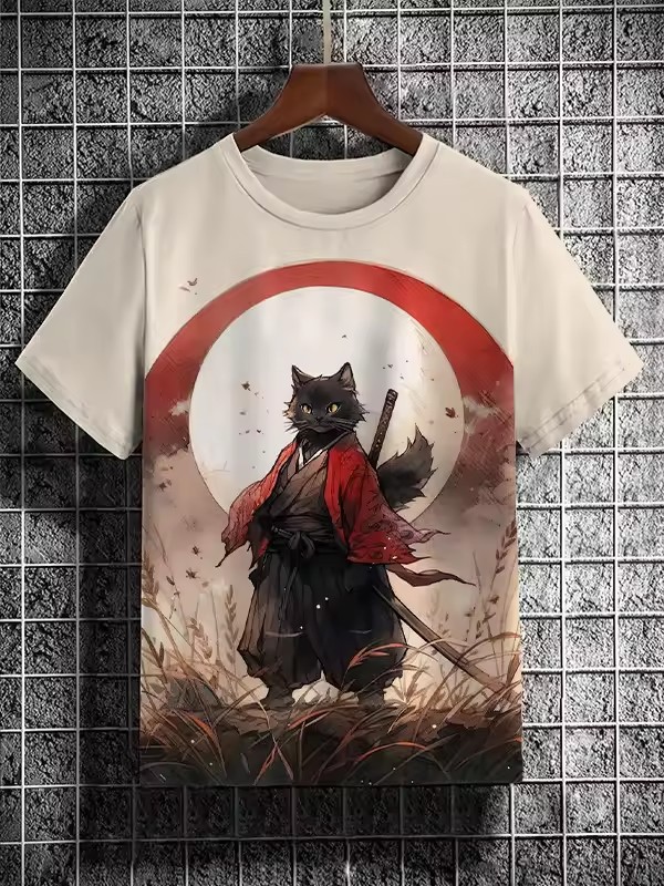 Tinta Jianghu Cat Dog Hero 3D Impresión digital Spot Moda callejera para hombres Camiseta de manga corta con cuello redondo y hombro