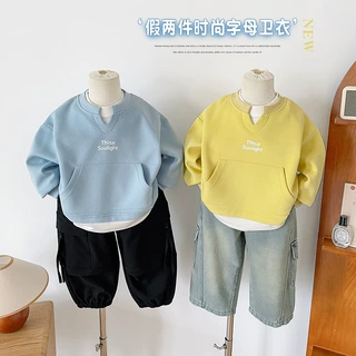 先奥2025秋季新品童装儿童韩版洋气上衣男女童假两件拼接卫衣潮
