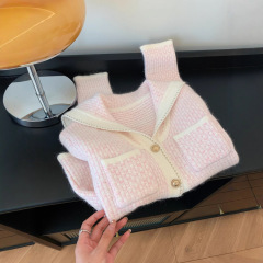粉色甜美小香风海军领针织衫外套女秋冬小众气质外穿毛衣开衫上衣