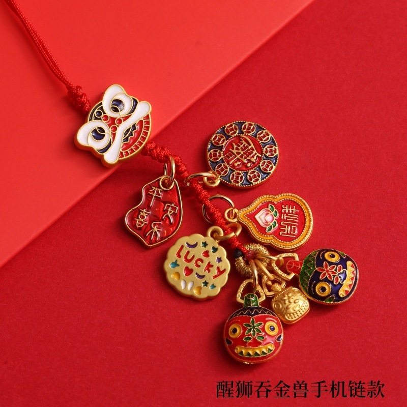 财神爷吞金兽一家三口四口古法金招财钥匙扣车钥匙链手机挂件挂饰|undefined