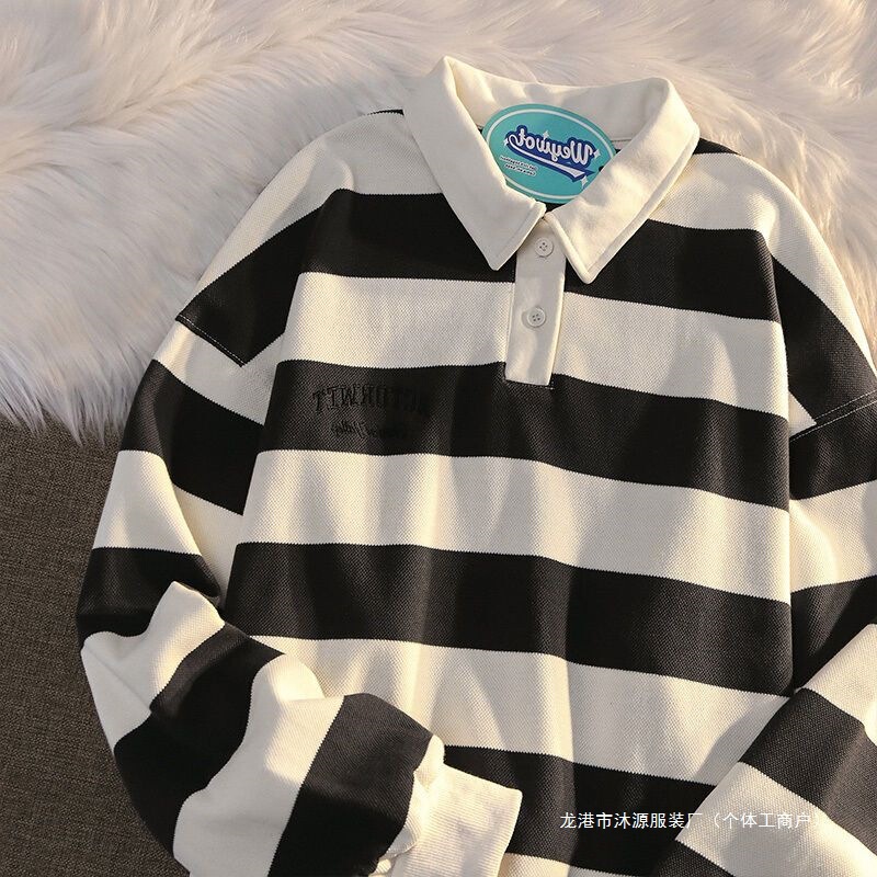 Extra Large Size 150kg Retro Striped Color-Block Polo Collar Sweatshirt for Women, Early Autumn Loose Casual Versatile Jacket Extra Large Size 150kg Retro Striped Color-Block Polo Collar Sweatshirt for Women, Early Autumn Loose Casual Versatile Jacket