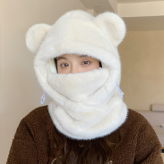 韩系冬天帽子女款可爱小熊耳朵围脖一体套头帽保暖护耳防风毛绒帽