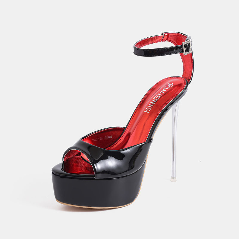 Sandal cao gót nữ hở mũi quai ngang khoét eo đế đúp chống thấm nước — Màu be, màu đen