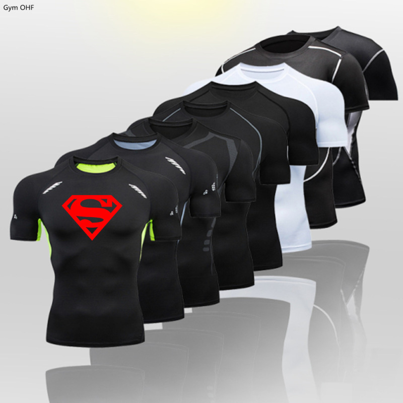 Cross-border Explosions Men's Fitness Suit Superman Printed Tight Short-sleeved T-shirt Shirt Quick-drying High-elastic Sportswear