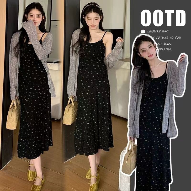 Maternity Wear Spring and Autumn New Age-Reducing Holiday Style Floral Suspender Dress Fashionable Summer Skirt Two-Piece Set