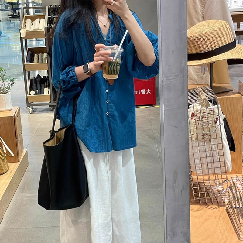 Whitening Klein Blue ~ Lazy Style Blue Linen Shirt Women's Loose Sunscreen Shirt 7-Quarter Sleeves Covering Flesh and Slimming