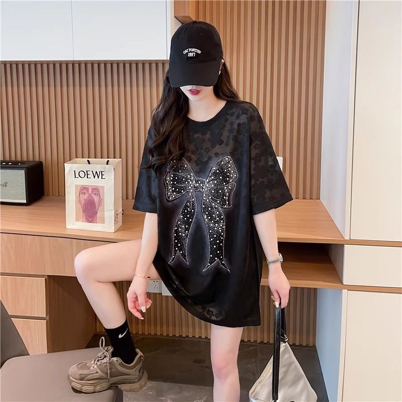 2-300 kg extra grande encaje de diamantes calientes lazo brillante camiseta de manga corta mujer verano de longitud media estilo occidental