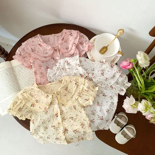 Girls floral shirts baby solid color baby doll collar summer short-sleeved T-shirts fashionable and versatile tops