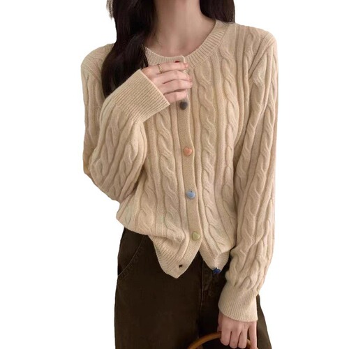 Retro soft waxy love color button twist knitted cardigan sweater for women autumn and winter design niche fashion commuting trend