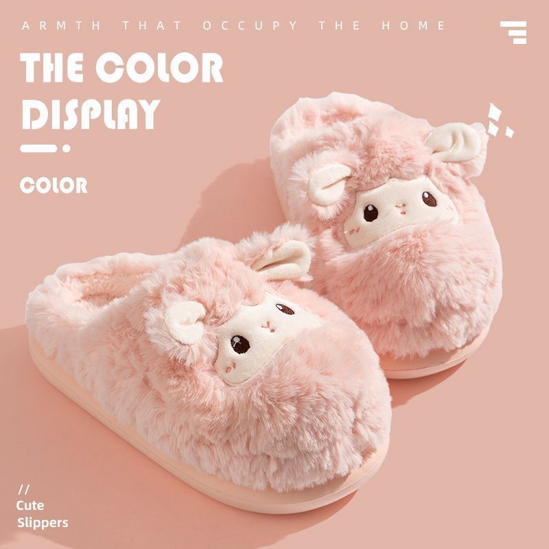 Hermosas zapatillas de algodón de oveja casera pareja de cabeza caliente antideslizante fondo grueso pisar mierda sensación de invierno peludo zapatillas