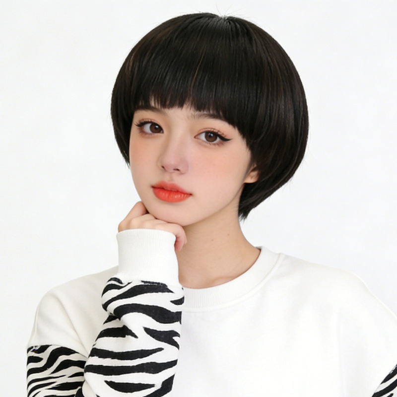 Factory Direct Sale of Women's Short Hair Wigs, Mushroom Cut with Bangs, Short Straight Synthetic Hair Wigs, Wholesale in Stock, One-Piece Dropshipping