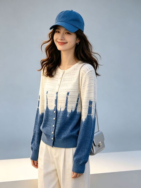 Yunnan hand-dyed blue and white gradient pearl button pattern knitted sweater, open-knit cardigan, loose and slimming fit for women Yunnan hand-dyed blue and white gradient pearl button pattern knitted sweater, open-knit cardigan, loose and slimming fit for women