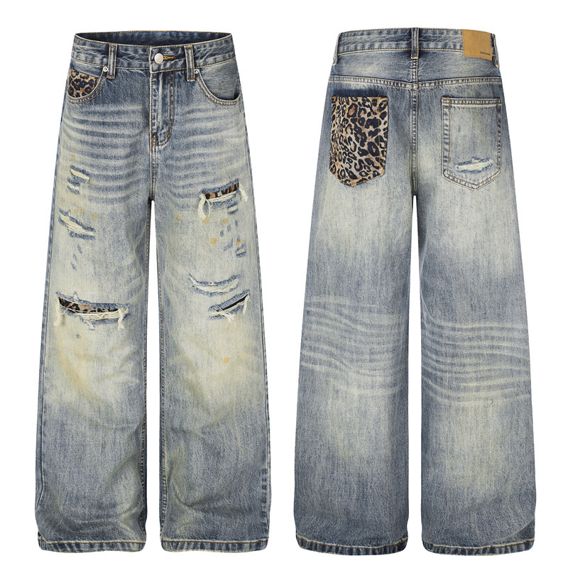DC+G60073 American retro leopard print patch jeans for men and women, wide-leg loose design, washed pants for couples DC+G60073 American retro leopard print patch jeans for men and women, wide-leg loose design, washed pants for couples