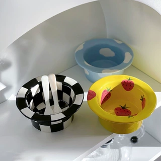 手绘棋盘格草莓陶瓷碗 ins风可爱儿童大容量家用高颜值沙拉早餐碗