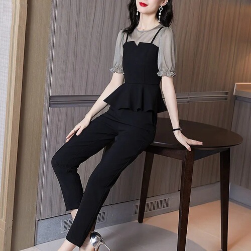Women's 2025 Summer Slimming Fashion Chiffon Shirt and Pants Set for Large Women - Casual Two-Piece Set