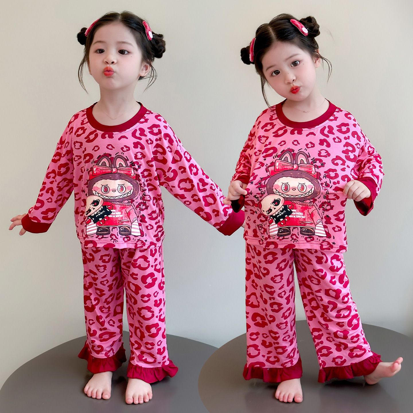 Niñas de ternudo abrigo pijamas otoño invierno niños pijamas niñas manga larga ropa de vestir para el hogar estampado leopardo dos piezas de moda