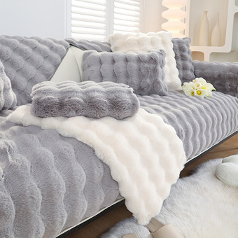 冬季高档兔毛绒沙发垫防滑坐垫子实木皮沙发套罩全盖布巾跨境批发