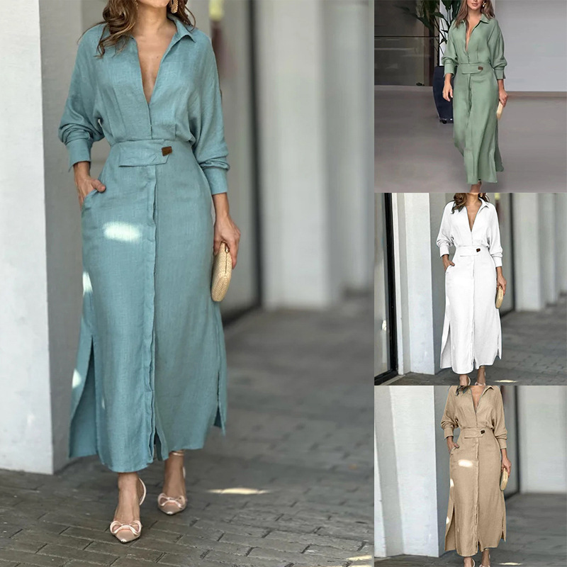 2026 Spring New Collection Cross-Border European and American Women's Fashion Elegant Commuter Solid Color Tie-Waist Long Dress
