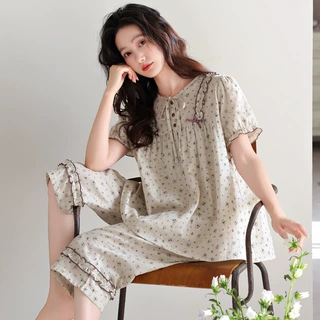 睡衣女士夏季纯棉短袖七分裤薄款夏天2025新款中年妈妈家居服套装