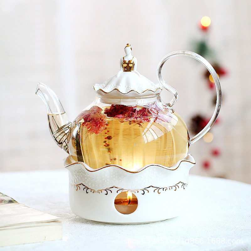 British Light Luxury Flower Teapot Tea Set Candle Heating Base Set Heat-resistant Glass Afternoon Tea Flower Fruit Teapot Wholesale