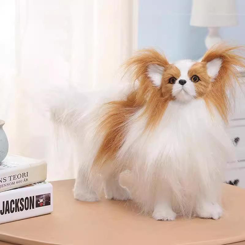 仿真蝴蝶犬皮毛玩具工艺品家庭装饰摆件个性玩具动物模型名犬萌宠