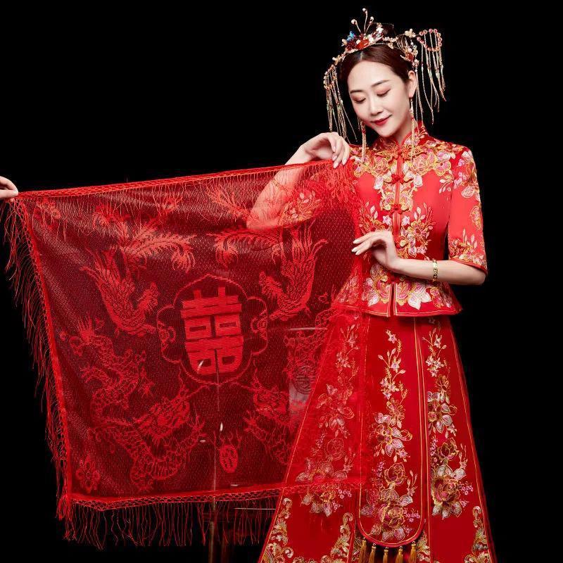 中式婚礼盖头秀禾服红盖头头新娘头纱红色秀禾红盖头|undefined