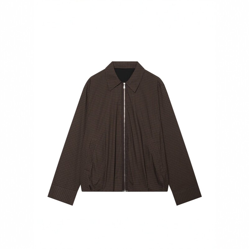 European and American retro brown plaid lapel zipper jacket, loose-fitting, dropped-shoulder plaid bomber jacket, style 1358869 European and American retro brown plaid lapel zipper jacket, loose-fitting, dropped-shoulder plaid bomber jacket, style 1358869