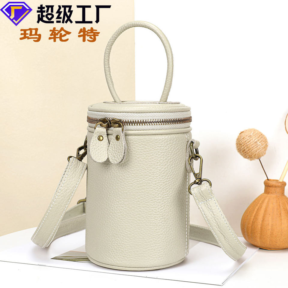 Túi xô tròn da thật nữ đeo vai xách tay đeo chéo phong cách retro cỡ trung — Cà phê, màu xám, màu đen