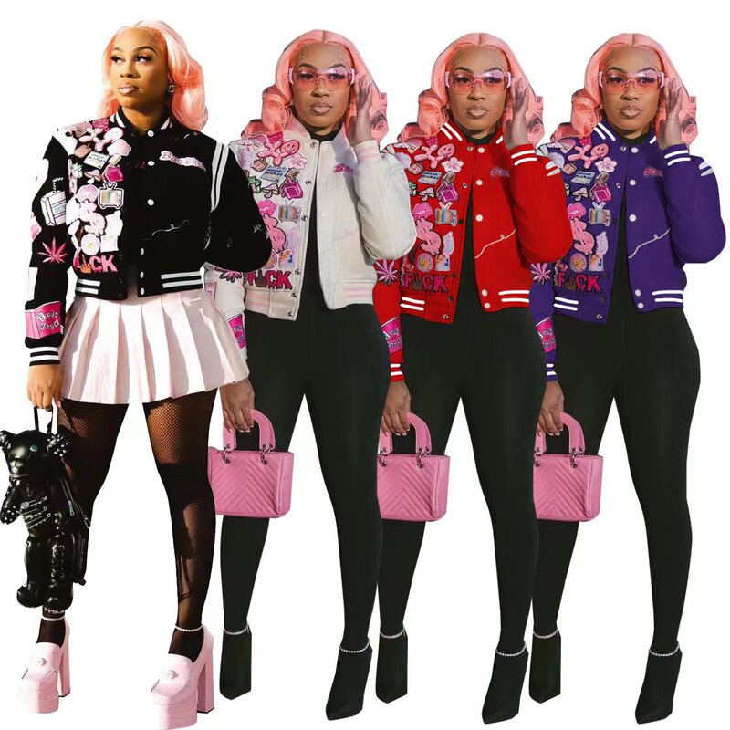 Wb9150 European and American Large Size Long-Sleeved Women's Clothing Cross-Border Supply Printed Press Button Baseball Jacket Stereo Printing