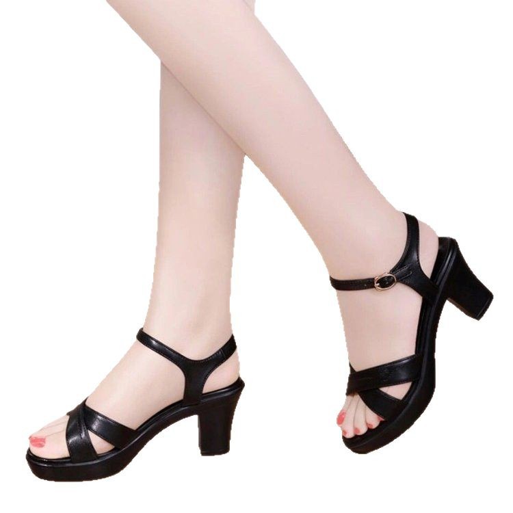 Sandalias con punta abierta para mujer verano nuevo estilo de tacón medio, suela gruesa, cuero suave, cómodo, hebilla de una palabra, plataforma, sandalias madre