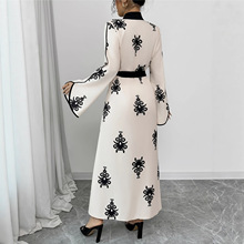 TEMU独立站外贸复古刺绣撞色长袖长款V领收腰系带气质通勤连衣裙
