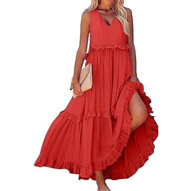 2026 Summer Casual V-Neck Pleated Long Dress Loose Flowing Ruffle Dress with Pockets Plus Size Dress