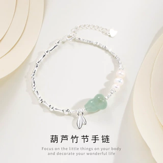 S925纯银碎银珍珠竹节玉葫芦手链女新中式国风复古圆珠手串礼物女