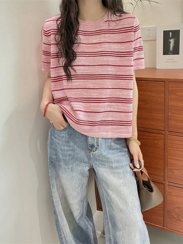 European Station 2026 Spring New European Style Simple Casual Color-Block Striped Short-Sleeve Linen Knit T-Shirt for Women