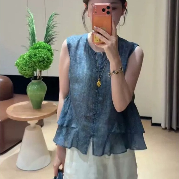 Korean-Style Ruffled Sleeveless Vest Shirt for Women, 2026 Summer Age-Reducing Versatile Design Patchwork Top Trendy Blouse