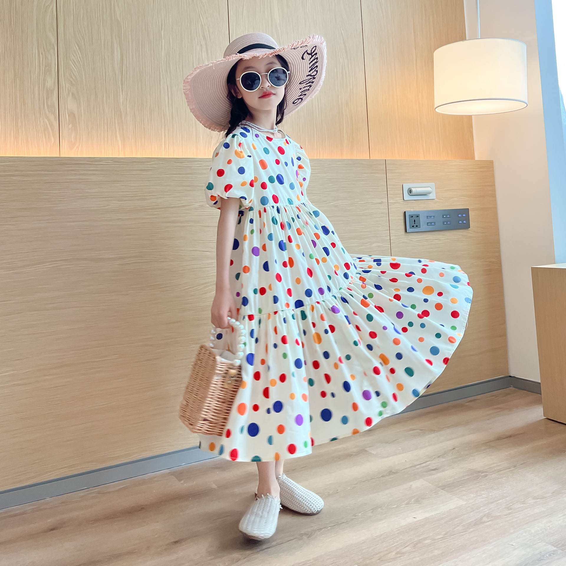 Summer 2023 Korean-Style Girls' Colorful Polka Dot Dress, Parent-Child Matching Long Dress, Pastoral Style Dress