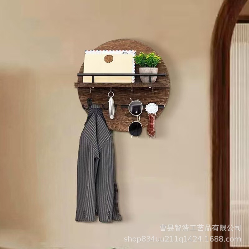 Retro Wooden Wall-Mounted Wall Storage Rack Round Shelf Storage Rack Solid Wood Home Decoration Rack Entrance Key Rack