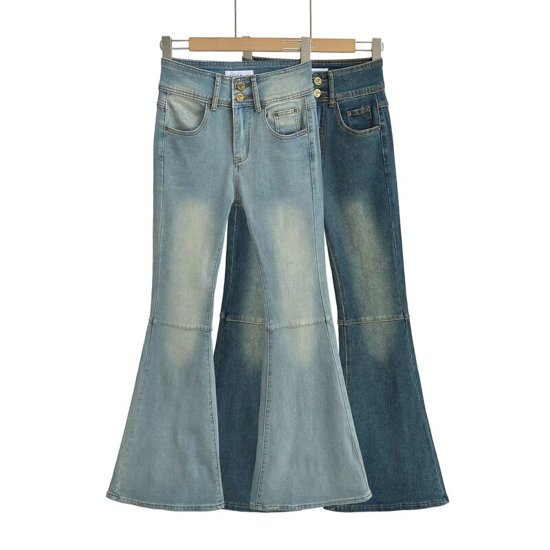 Hot Girl Vintage American Style Jeans Women's Washed Stretch Slimming Trumpet Trousers Stitching Low Waist Fashionable Casual