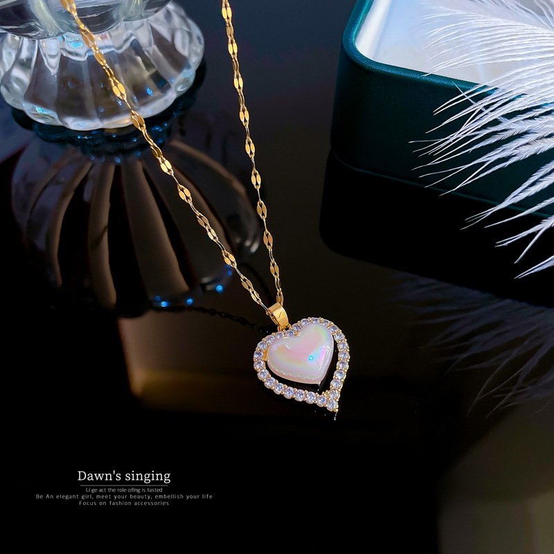 Fashion Heart Shape Titanium Steel Plating Zircon Pendant Necklace
