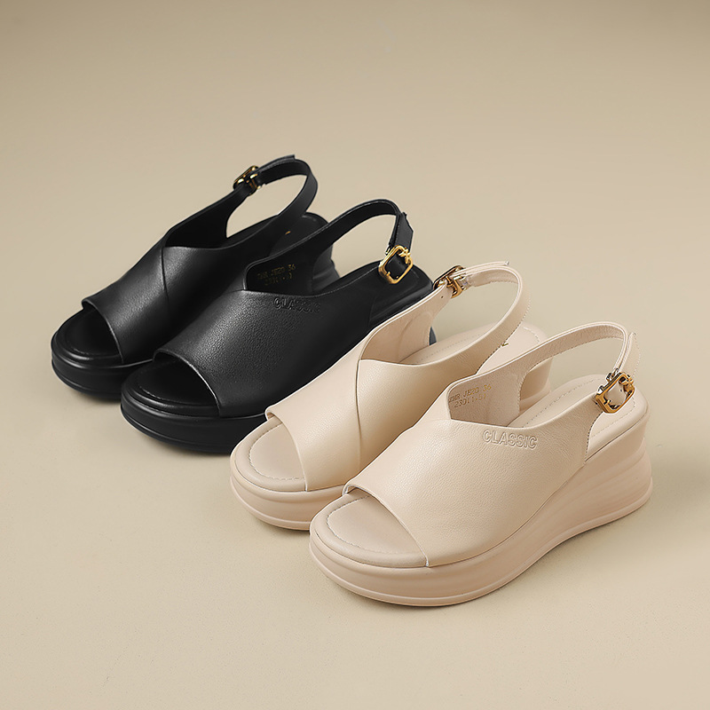 Sandal đế xuồng da bò thật ZHR tăng chiều cao, quai ngang, phong cách thanh lịch — JE20 màu be