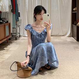 韩系蓝色显白小飞袖系带印花连衣裙女夏季新款显瘦裙子