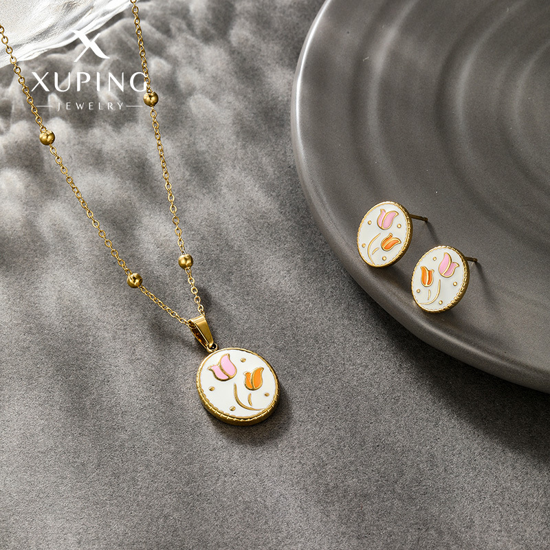 Nuevo conjunto de collar y aretes de moda con diseño de tulipán y efecto de goteo de aceite, chapado en oro de 14k sobre acero inoxidable, de Xuping, para mujer. image 1