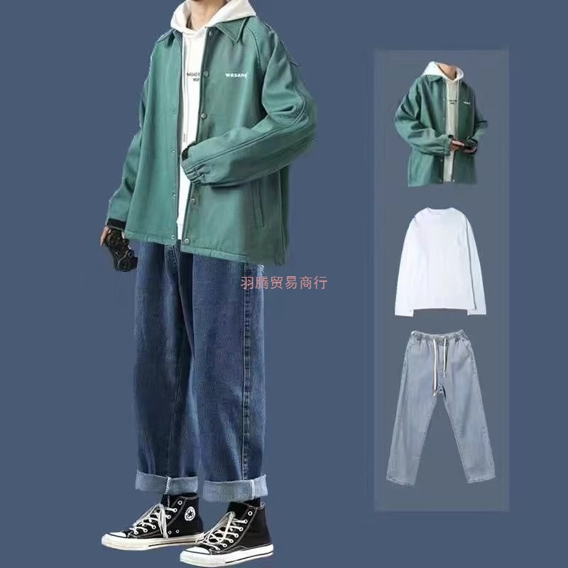 春秋季工装夹克套装男士潮流帅气风可搭配男装休闲一套外套三件套