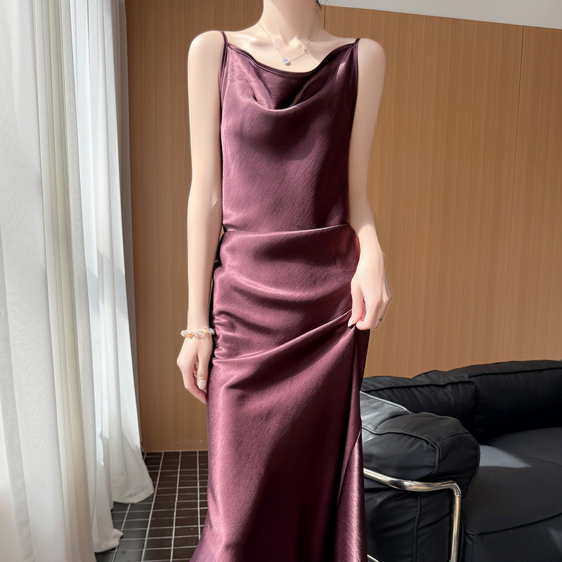 Summer New Style Silky Satin Swing-Neck Sleeveless Suspender Dress Women's Slim-Fitting High-Waisted A-Line Long Dress Summer New Style Silky Satin Swing-Neck Sleeveless Suspender Dress Women's Slim-Fitting High-Waisted A-Line Long Dress