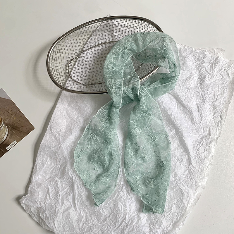 Pañuelo de seda de encaje, tira larga, sentido de alta gama, nueva primavera y verano, dulce cinta bordada, bufanda pequeña multiusos, cinta de bolsa atada